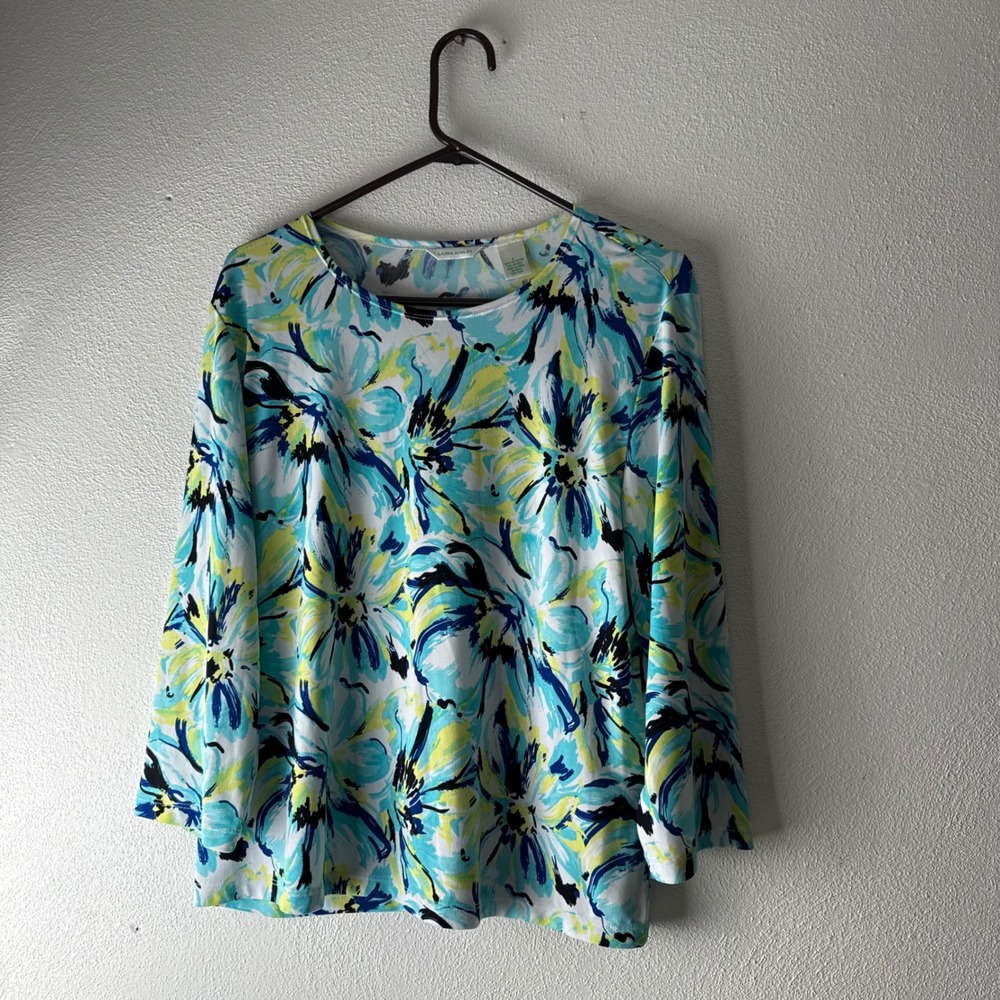 Laura Ashley Womens Blue Green Floral 3/4 Sleeve Knit Top Crew Neck Large